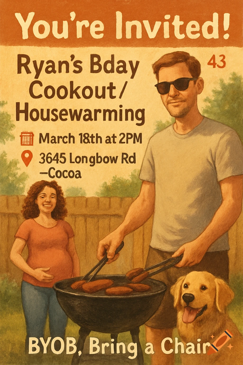 Painterly invitation shows a man grilling with a pregnant woman and dog nearby.
