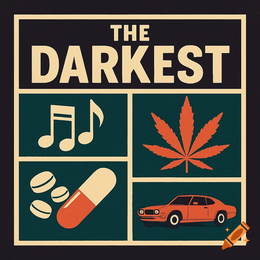 Album cover graphic with text 'THE DARKEST', musical notes, cannabis leaf, pills, and a vintage car.