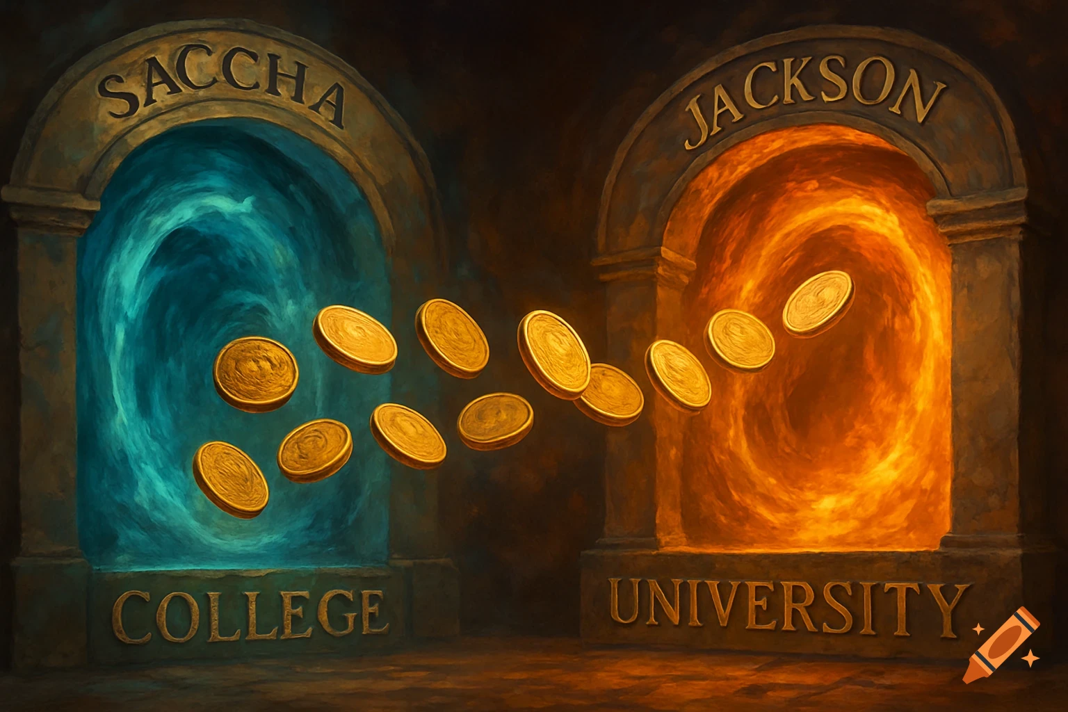 Gold coins fly between a blue portal labeled SACCHA COLLEGE and an orange portal labeled JACKSON UNIVERSITY.