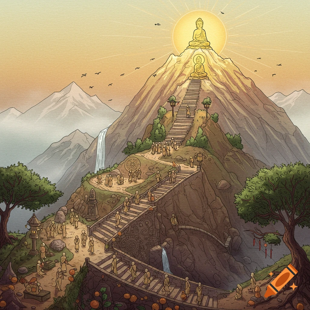 An illustration of pilgrims climbing a path up a mountain towards two golden Buddha figures at the summit.