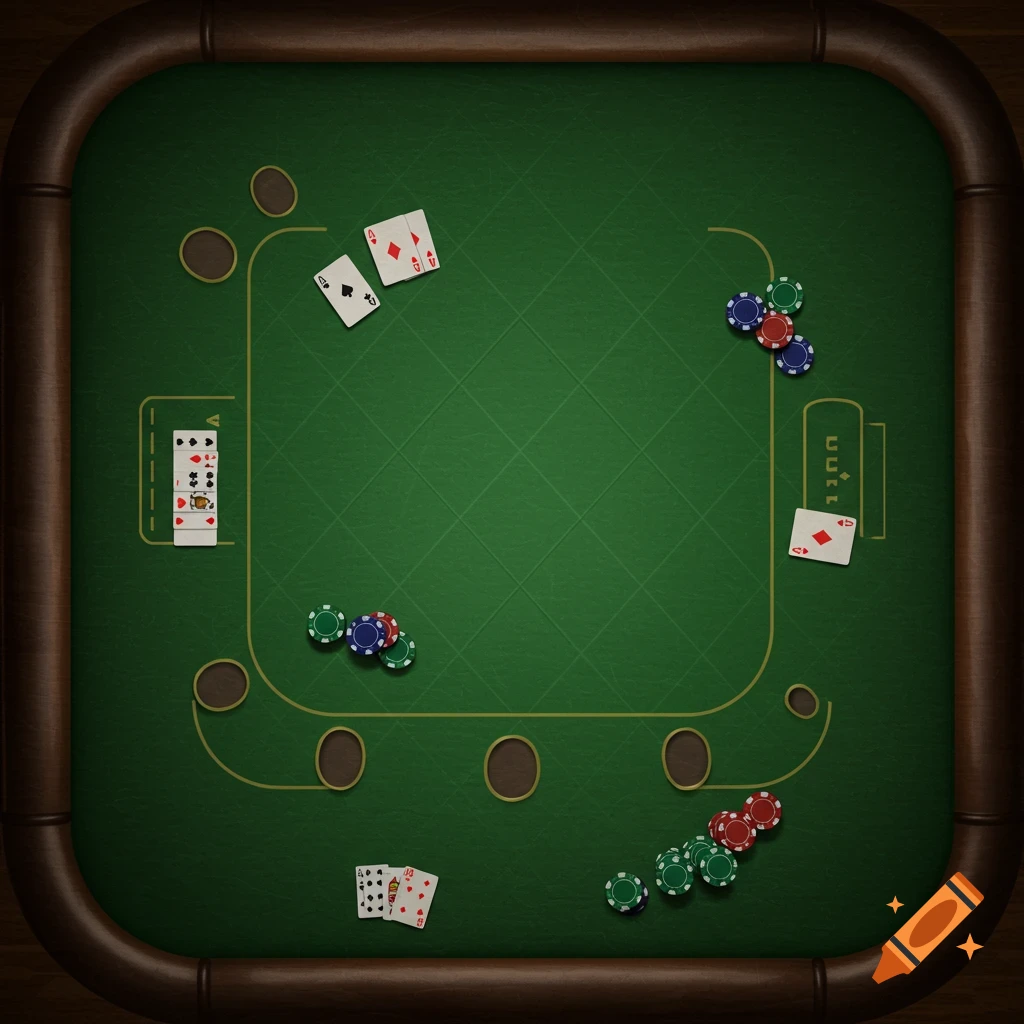 Top view of a poker table with cards and chips on the green felt.