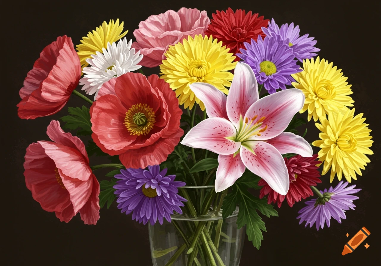 Bouquet of red poppies, pink lily, yellow and red chrysanthemums, and purple asters in a clear vase.
