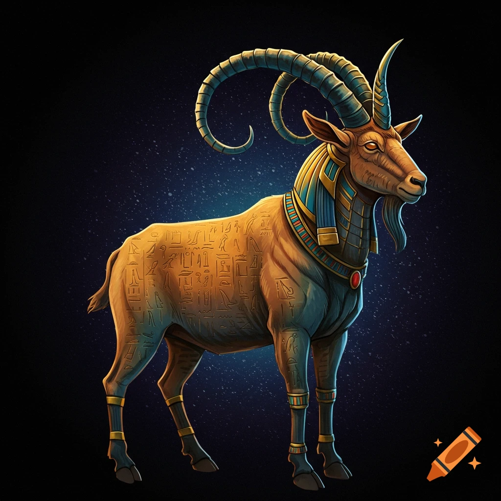 Stylized goat with Egyptian hieroglyph-like markings and golden jewelry on a dark background.