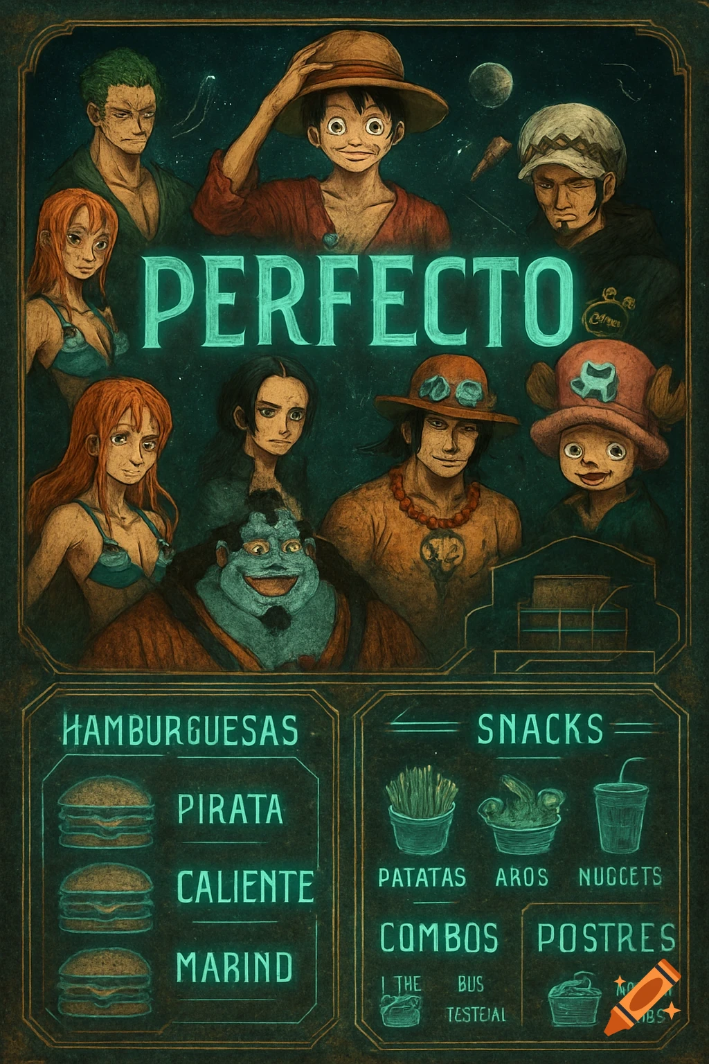 One Piece characters on a menu with futuristic typography and a dark background. Features Luffy, Zoro, Nami, Robin, Jinbe, Ace, Chopper, and Law. Menu lists hamburgers and snacks.