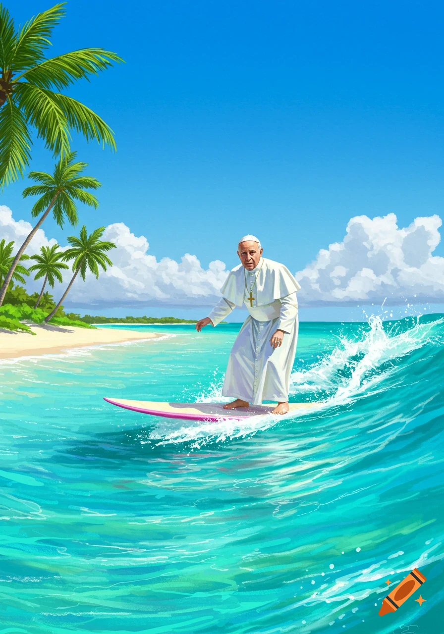 Pope Francis surfing a wave on a tropical beach.