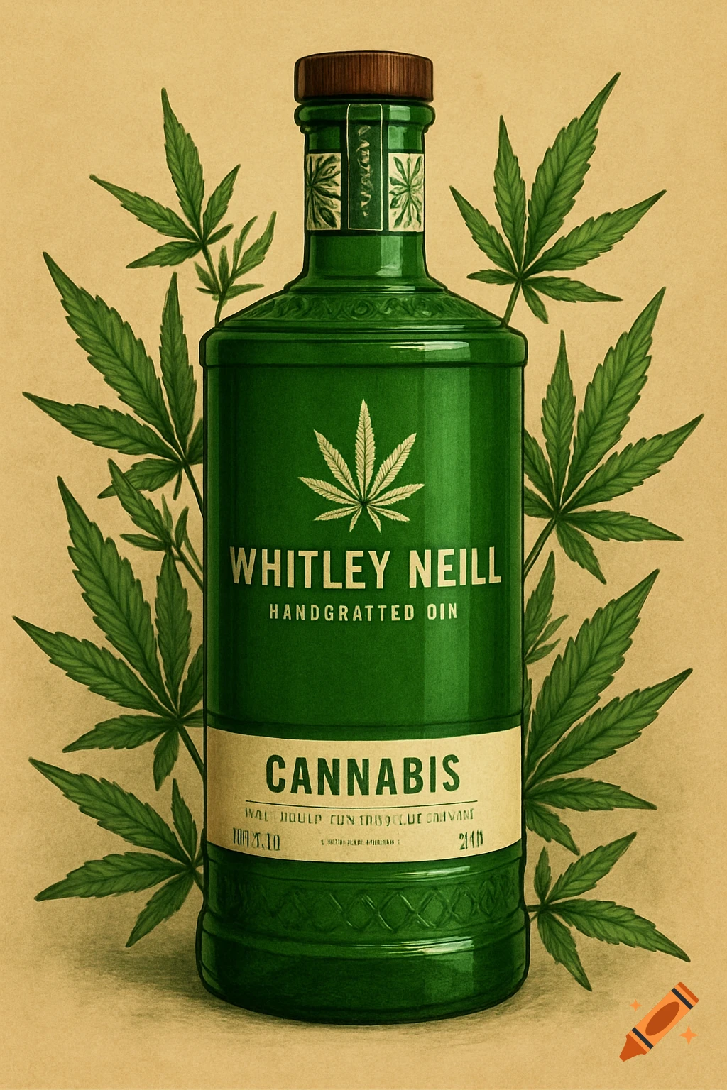 Green bottle labeled Whitley Neill Cannabis Handgratted Oin, surrounded by cannabis leaves on a brown background.