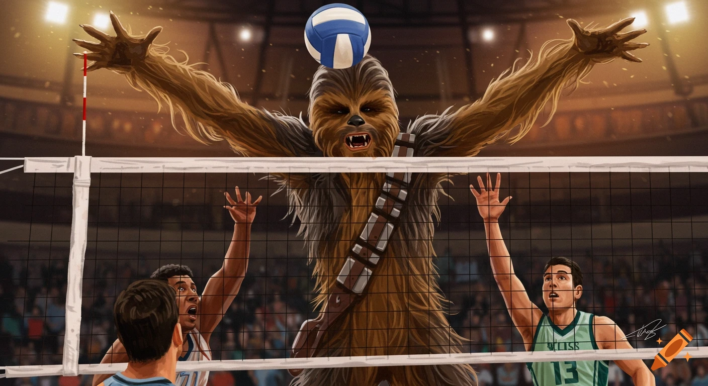 Chewbacca spikes a volleyball over the net against human opponents in a crowded arena.