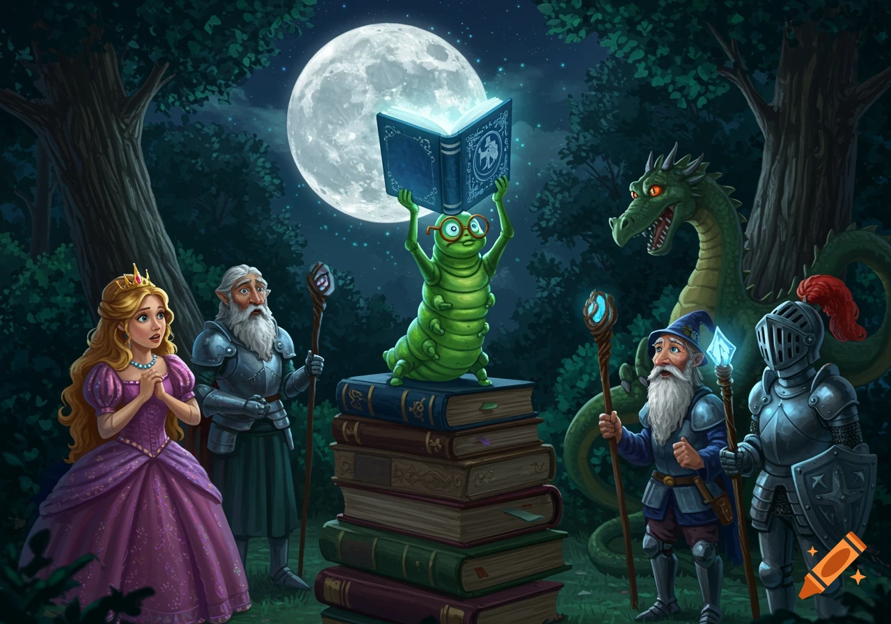 Illustration of a green bookworm holding a glowing book on a stack of books in a forest with a princess, wizard, knight, and dragon under a full moon.