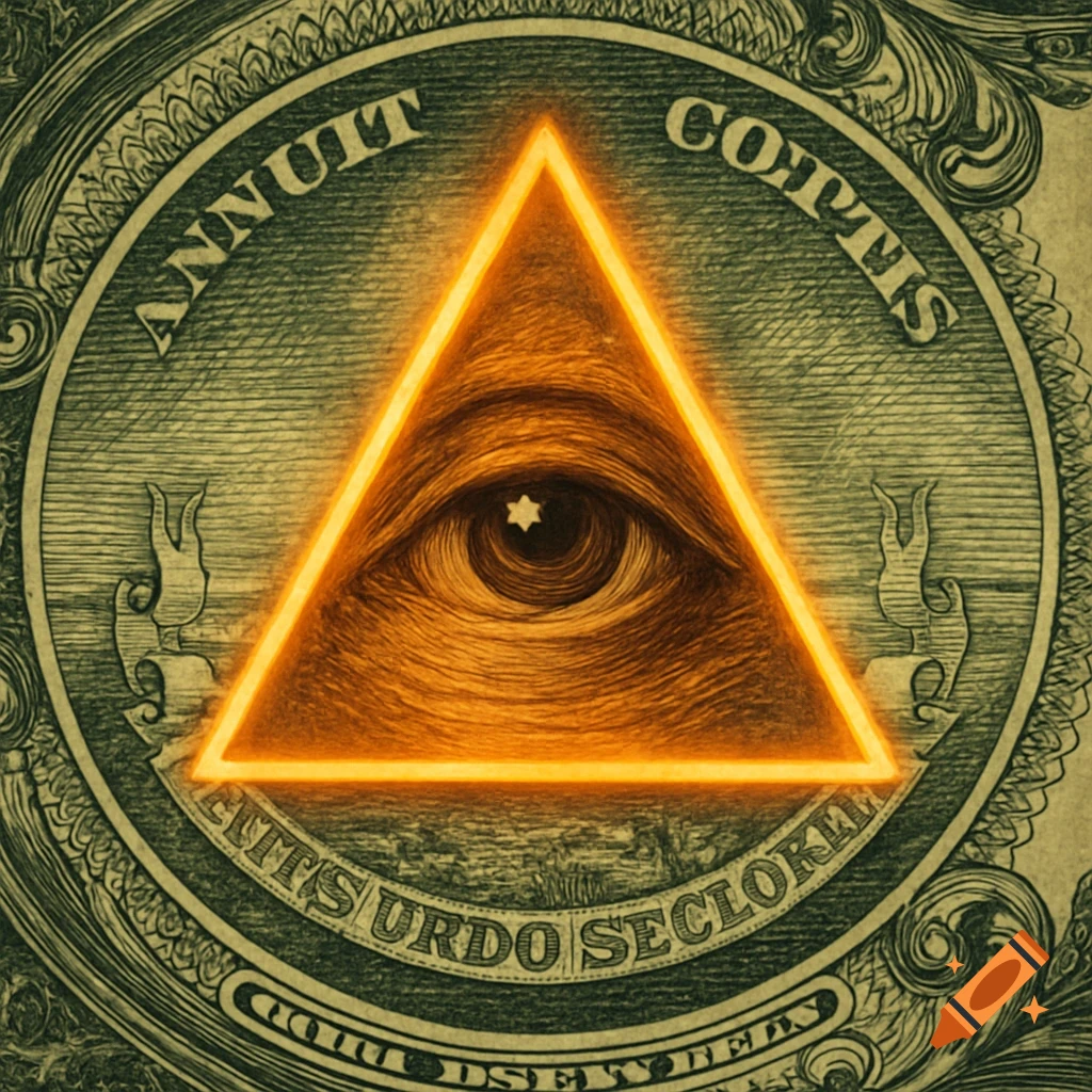 An eye in a glowing orange triangle over a dollar bill background.