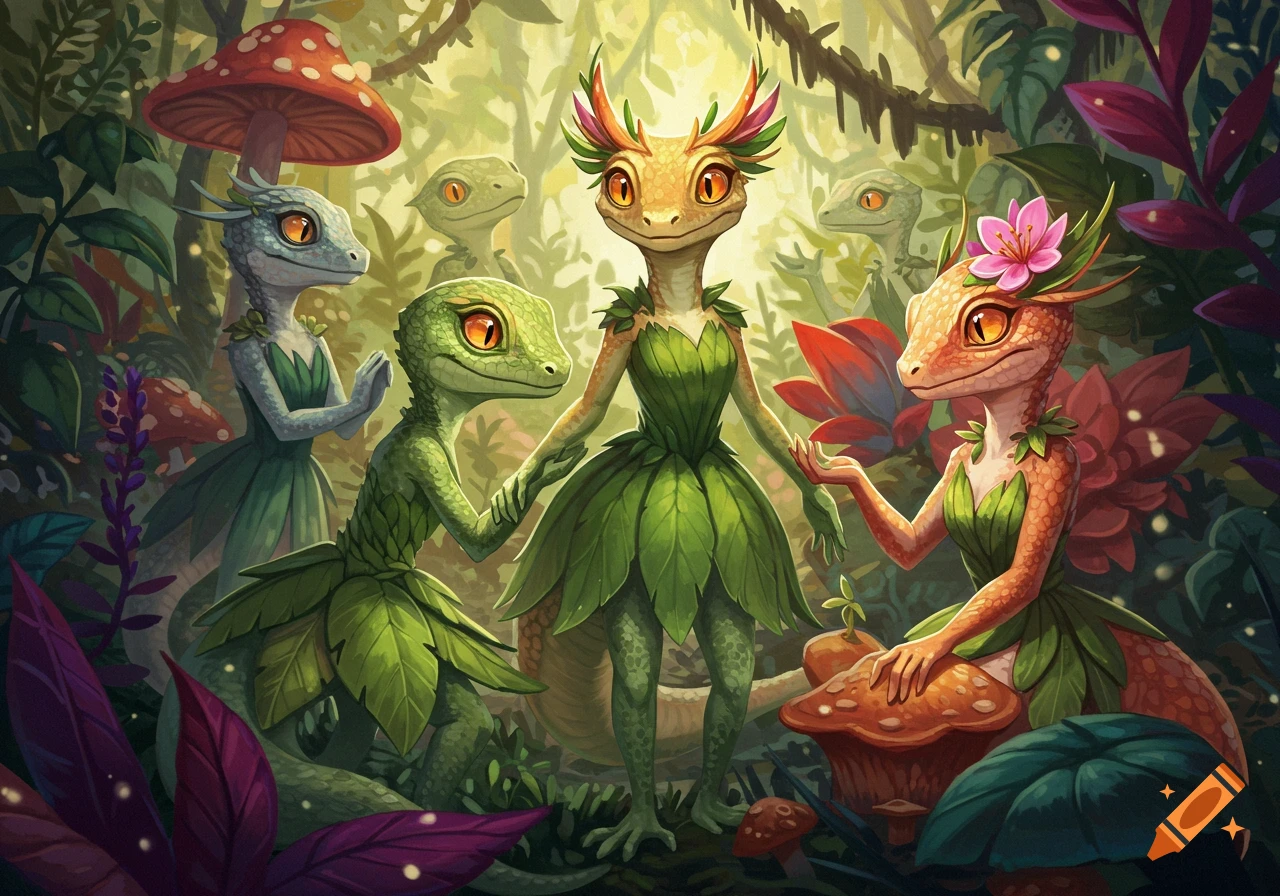 Fantasy illustration of cute lizard creatures wearing dresses made of leaves in a forest.