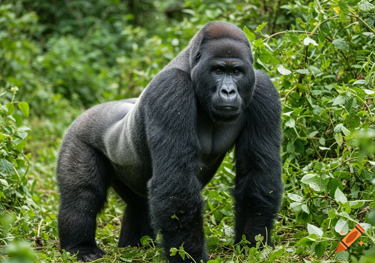 A silverback gorilla stands in a lush green jungle.