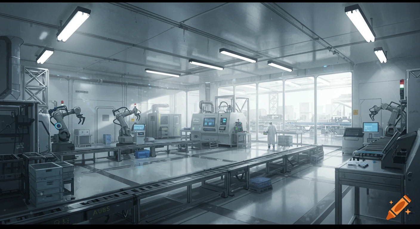 A clean, futuristic factory floor with robotic arms, conveyor belts, and a scientist in a lab coat.