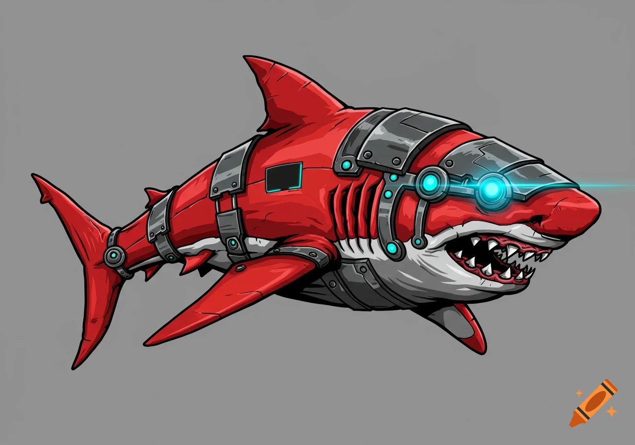 A red and gray cyborg shark illustration in vector art style.