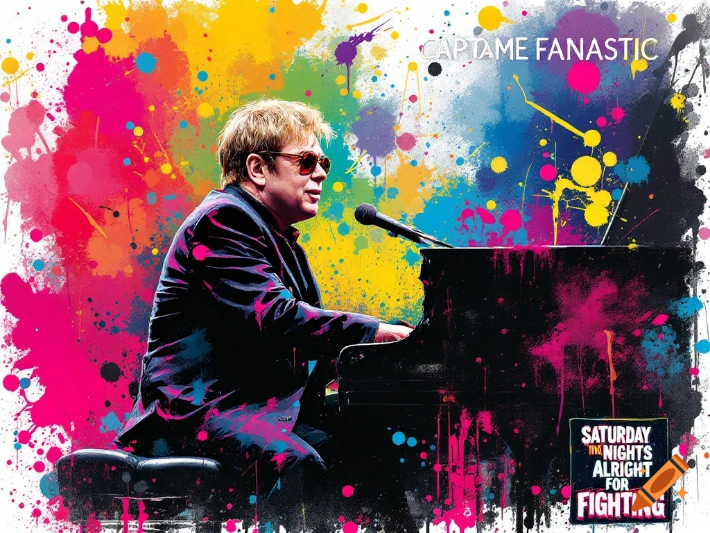 Elton John in a suit and sunglasses plays a piano against a vibrant, multi-colored paint splatter background with song title text.