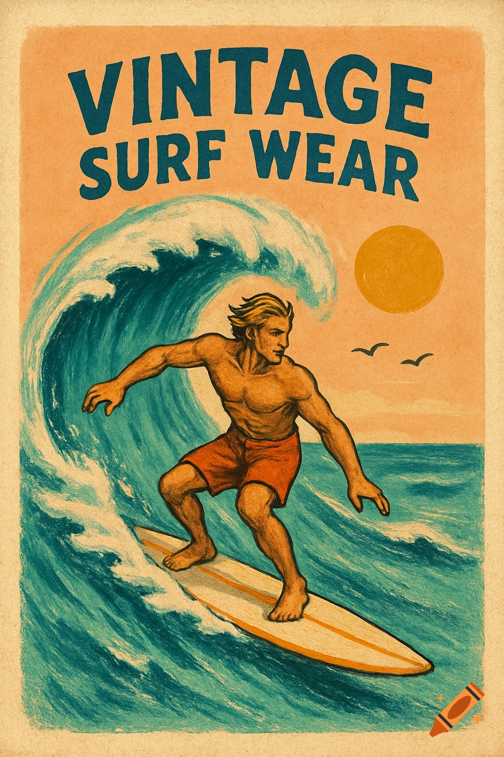 Vintage poster style image of a surfer riding a wave, with the text 'VINTAGE SURF WEAR'.