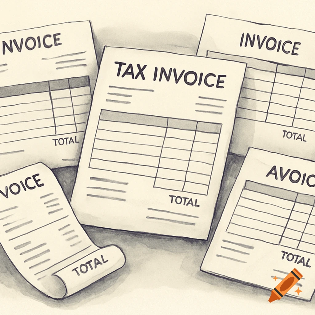 Sketch of multiple invoices and tax documents with text and tables.