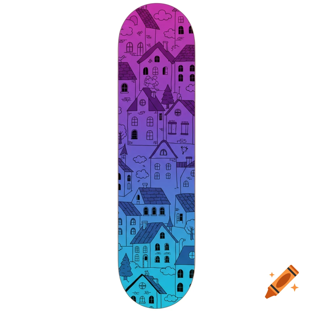 Skateboard deck with cartoon buildings and houses on a purple, blue, and cyan ombre background