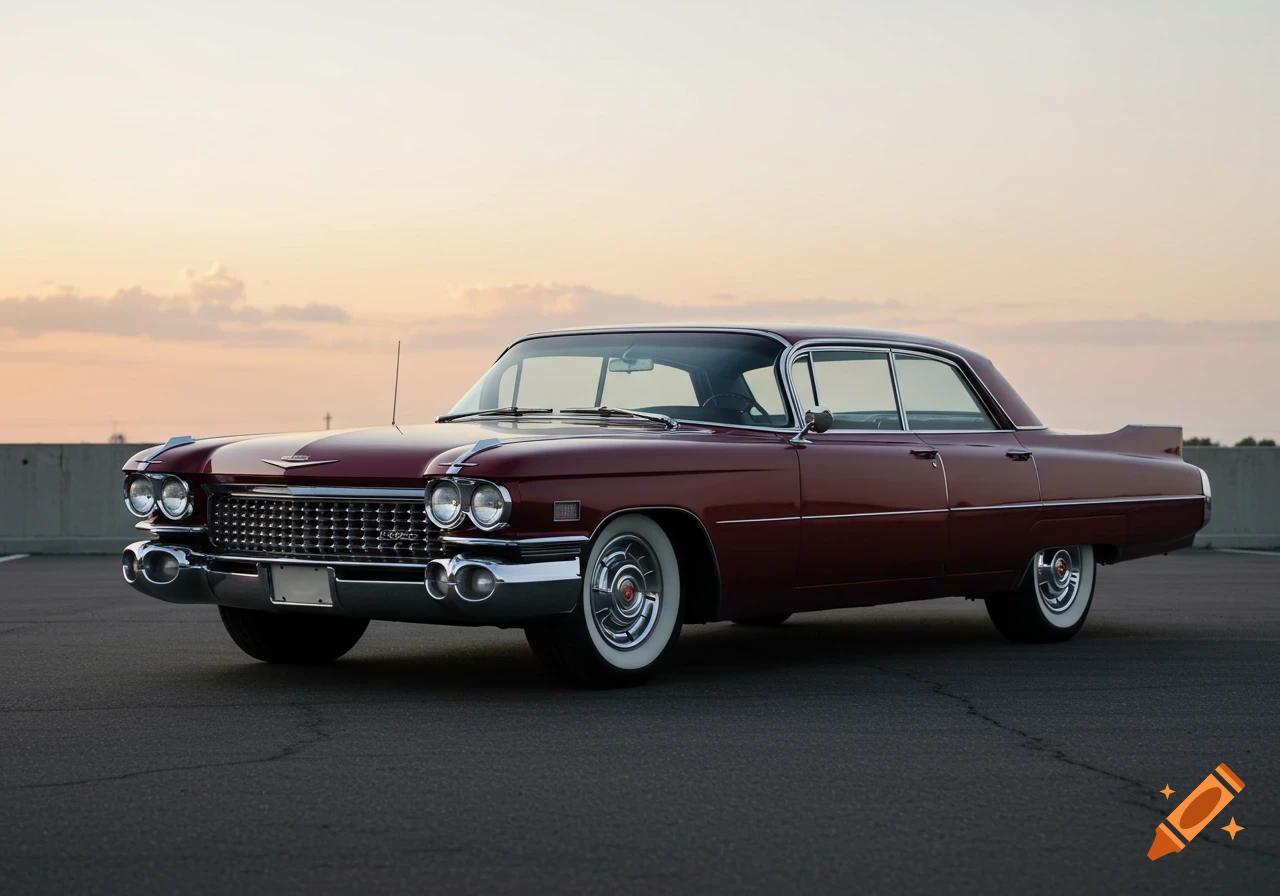 A red classic Cadillac car parked outside during sunset.