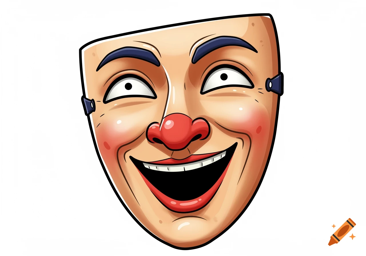 Cartoon drawing of a laughing theatrical mask with a red nose.