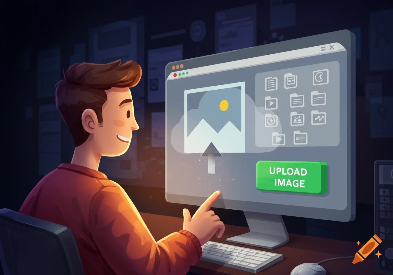 Cartoon illustration of a man using a computer, pointing at an 'Upload Image' button on the screen.