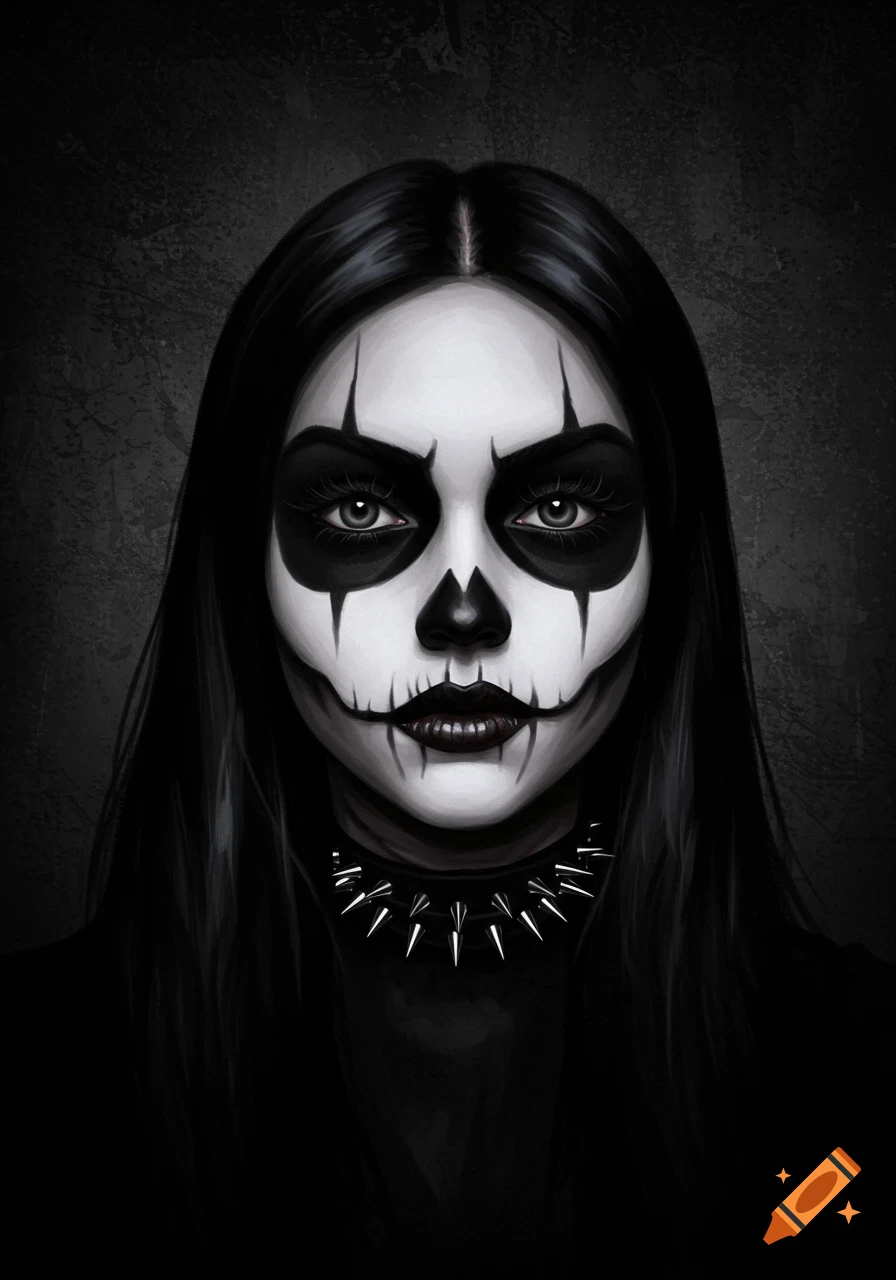 Portrait of a person with black and white skull face paint and a studded collar, digital illustration.