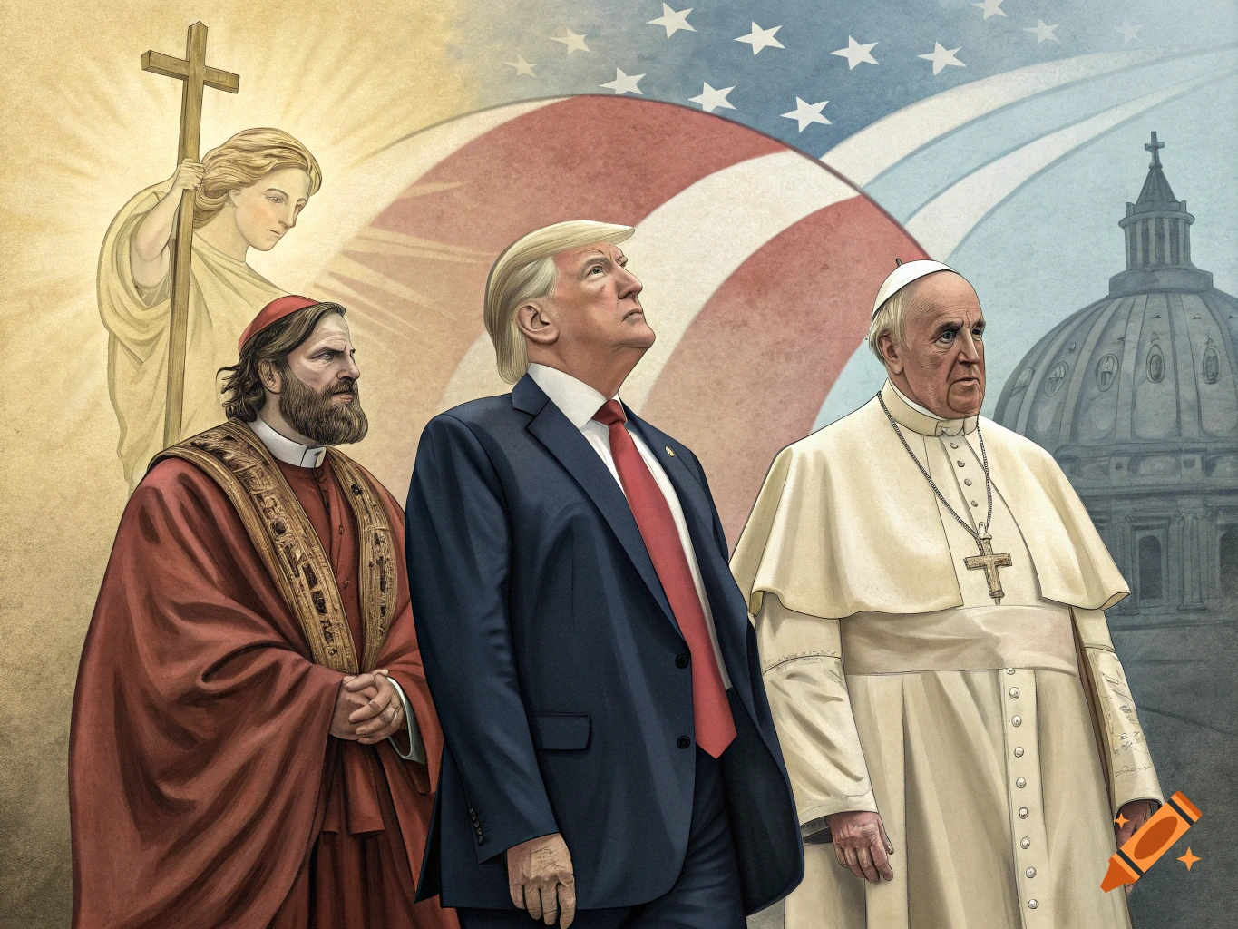 Illustration of Donald Trump, the Pope, and a religious figure holding a cross, with an American flag and church dome in the background.