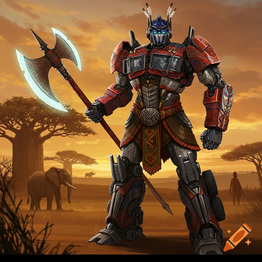 Optimus Prime in tribal attire with an axe stands in an African savanna with elephants.