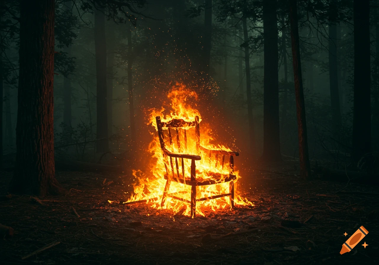 A wooden chair is engulfed in flames in the middle of a dark, misty forest at night.