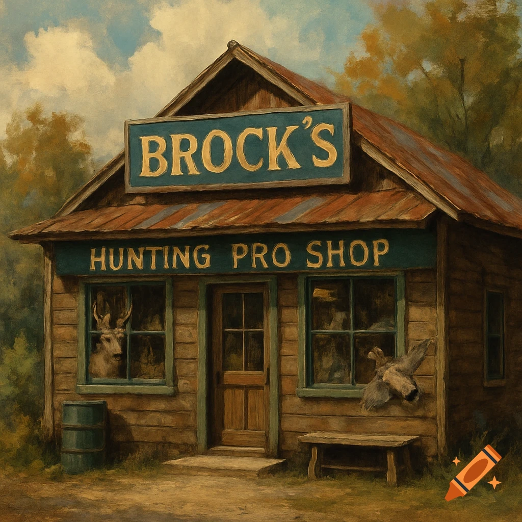 Painting of a rustic hunting pro shop with signs and mounted deer head and ducks.