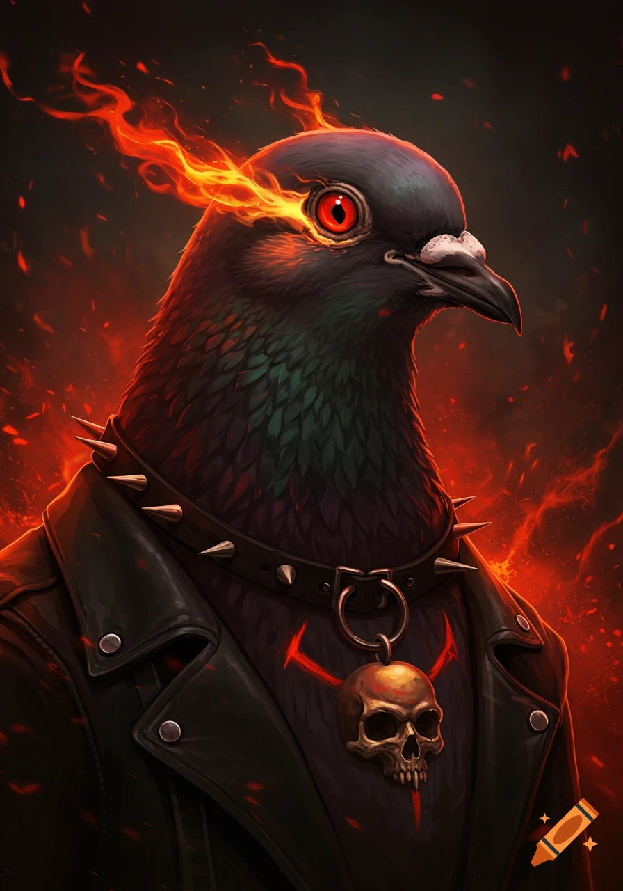 A heavy metal pigeon with flaming eyes, wearing a leather jacket, spiked collar, and skull pendant.