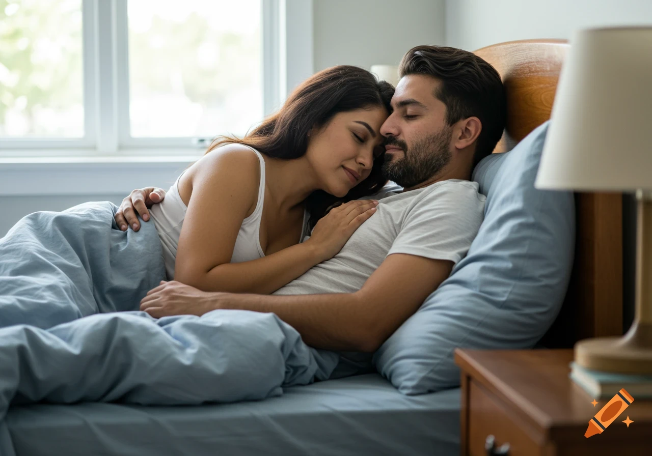 Couple cuddling in bed.