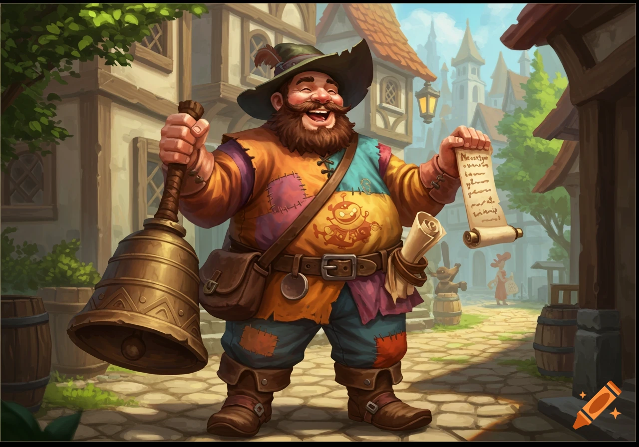 A smiling fantasy village crier holds a large bell and a scroll in a town square.