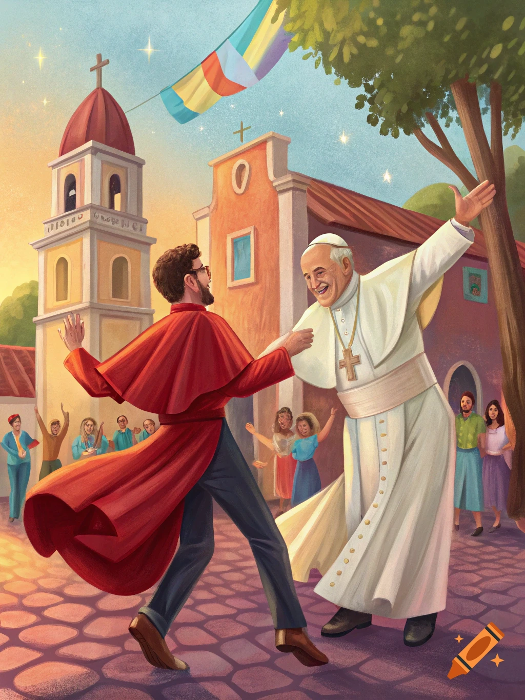 Illustration of a man in a red robe dancing with the Pope in a street scene with onlookers and a colorful banner.