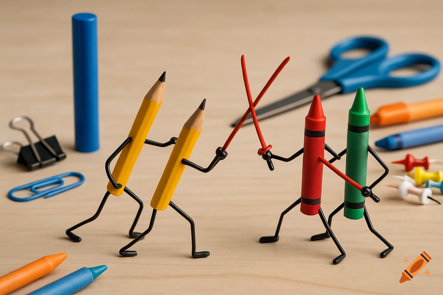 Photorealistic image of two yellow stick figure pencils fighting a red and green crayon with red stick swords, surrounded by other stationery items.