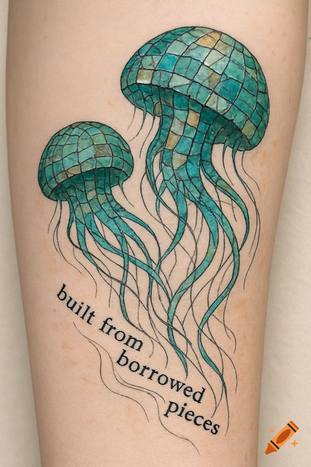 Tattoo of two tesserae jellyfish with tentacles and text on skin.