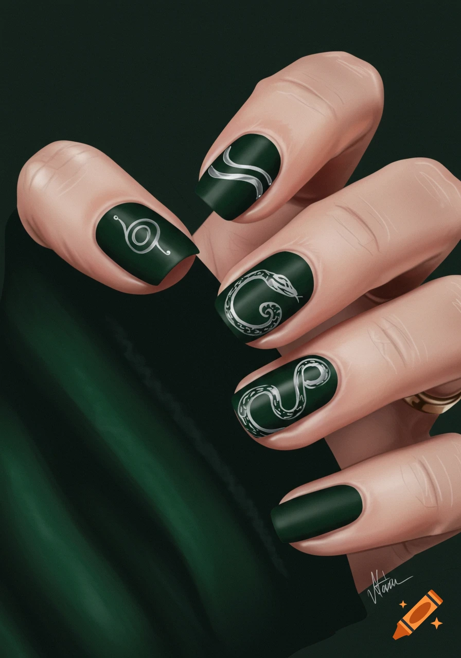 A hand with dark green nail polish featuring silver snake and wavy designs.