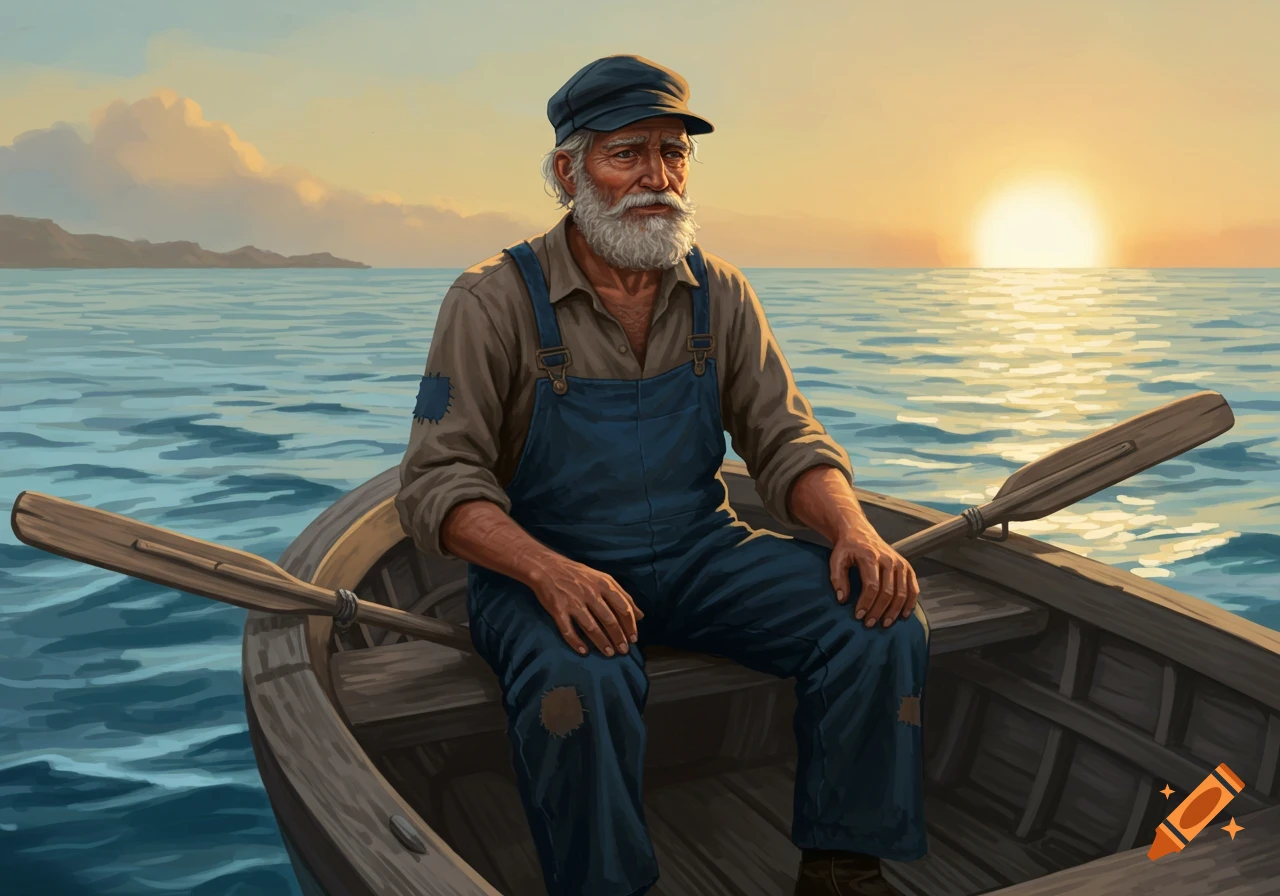 Old man in a wooden boat on the water at sunset, illustration style. on ...
