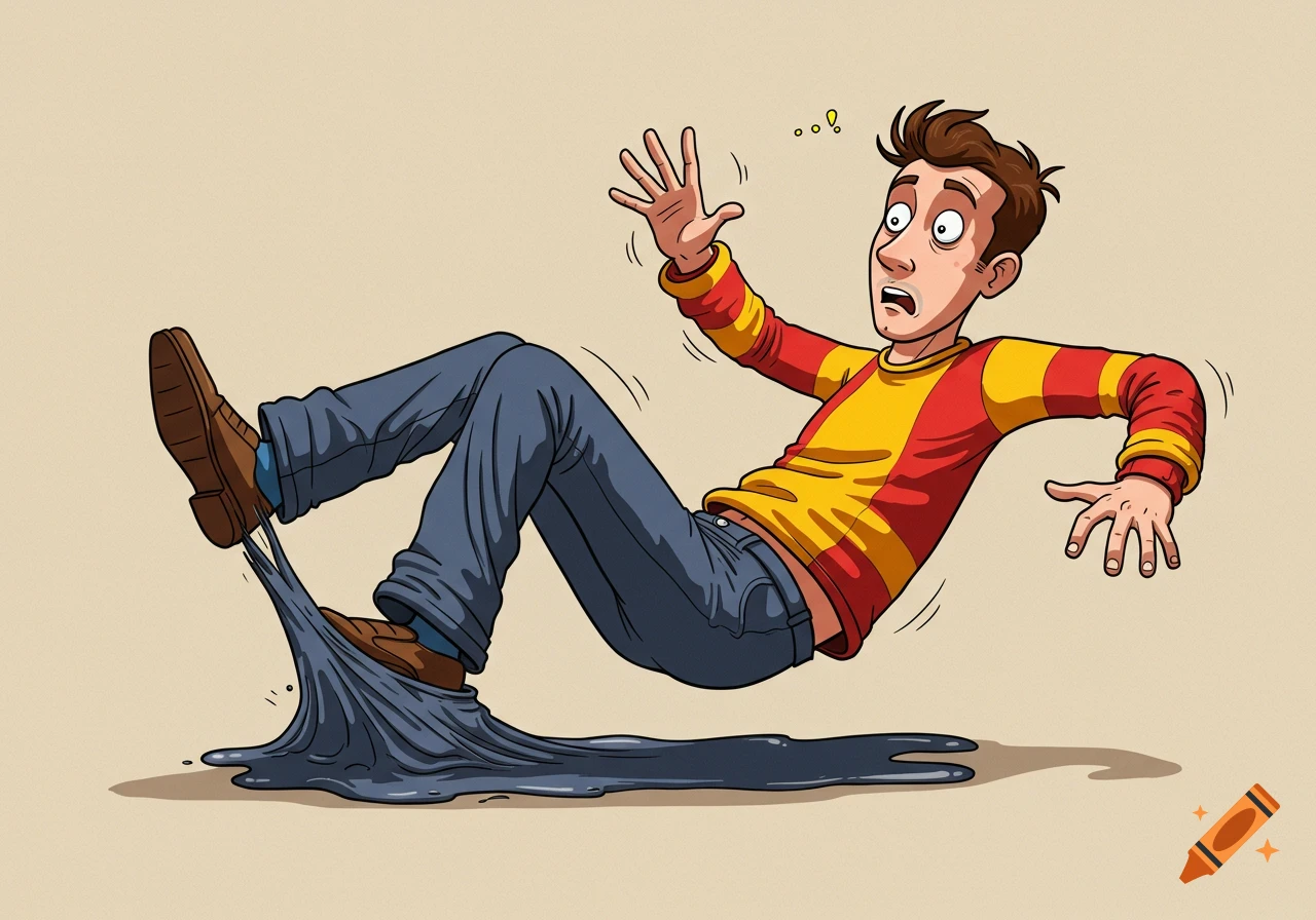 Cartoon man falls after stepping in a large puddle of sticky substance with his foot and pants.