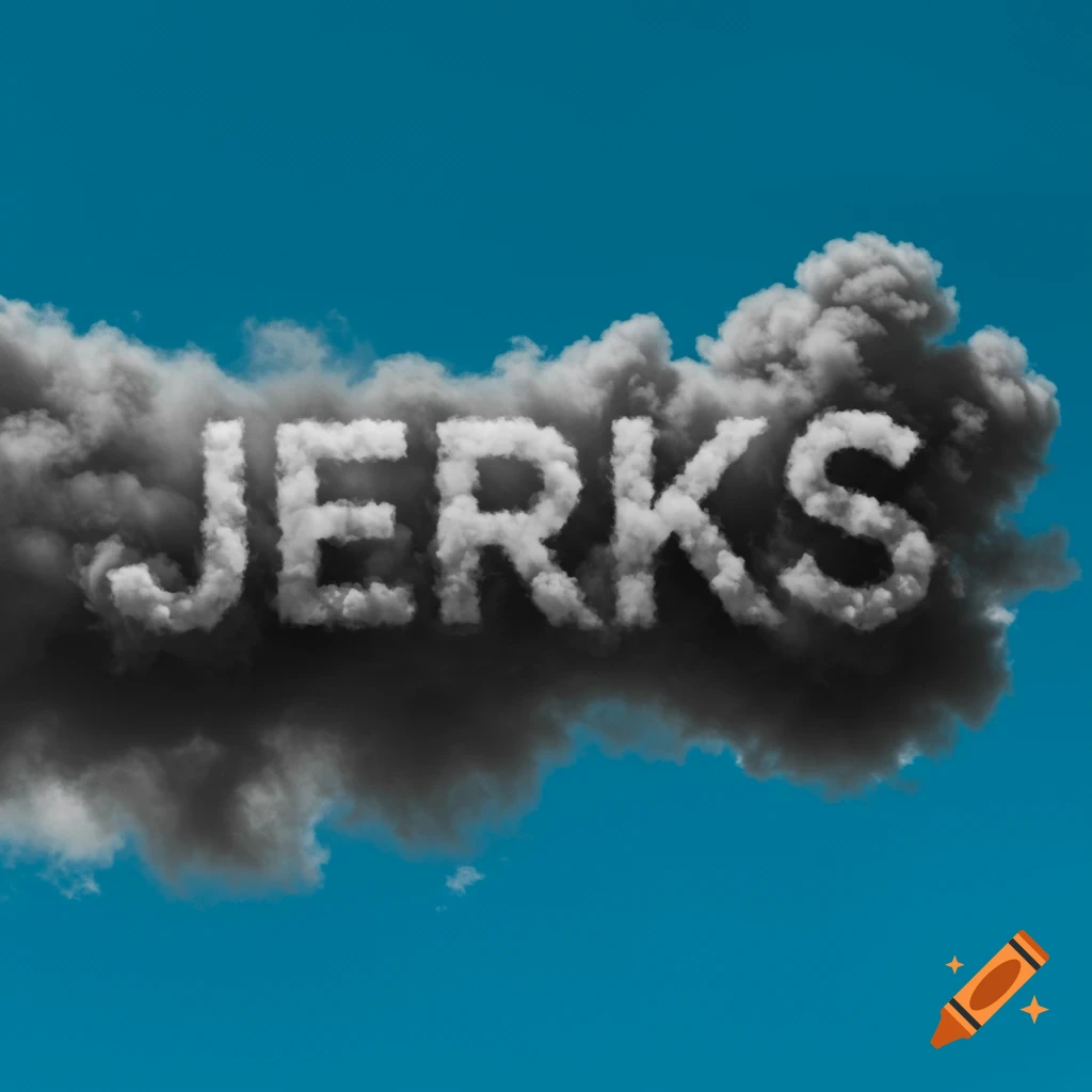 The word "JERKS" formed by dark grey clouds against a blue sky.