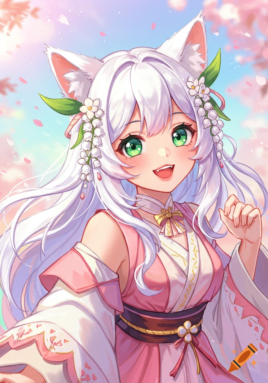 Anime catgirl with white hair, green eyes, and lily of the valley flowers in a pink outfit under cherry blossoms.