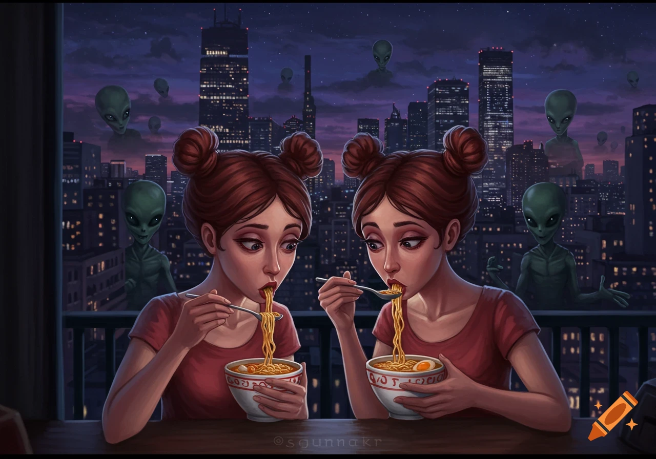 Two women eat ramen on a balcony overlooking a city skyline with aliens in the sky, digital art.