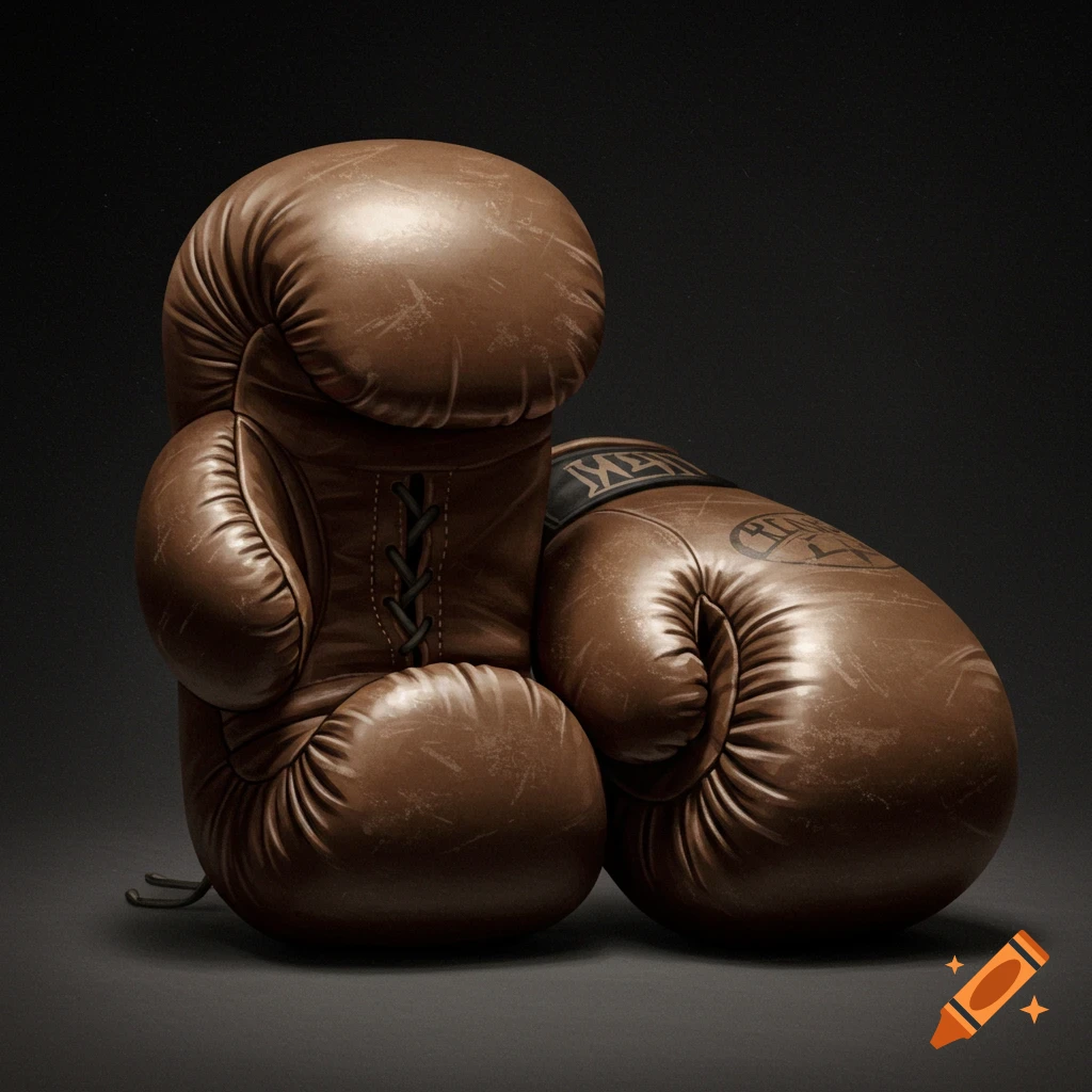 Two brown leather boxing gloves sit dramatically lit against a dark background.