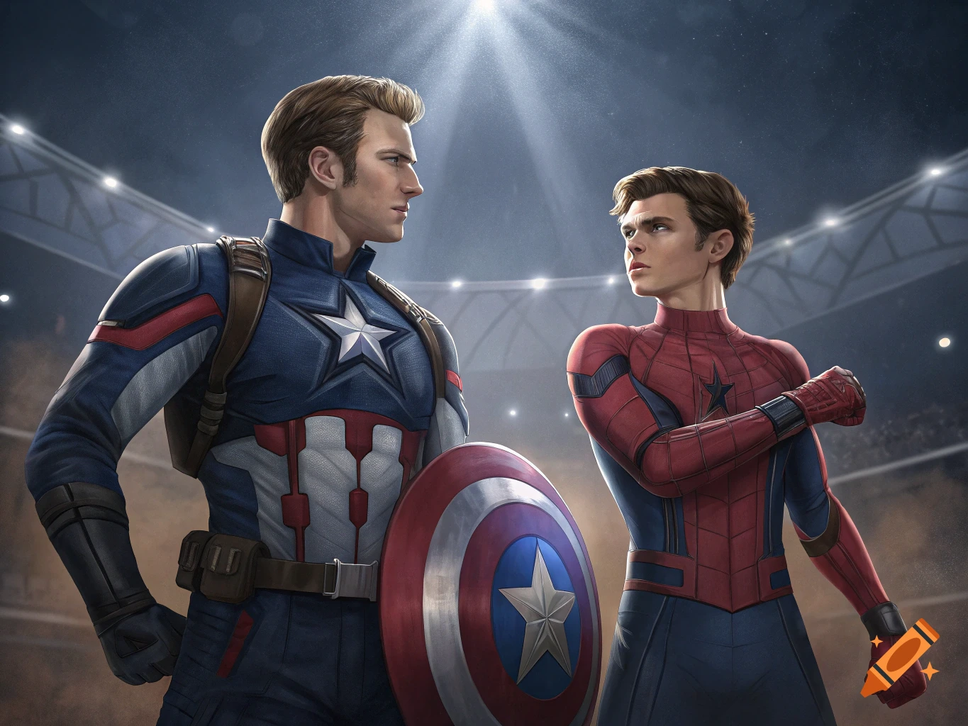Captain America and Spider-Man face each other in a stadium