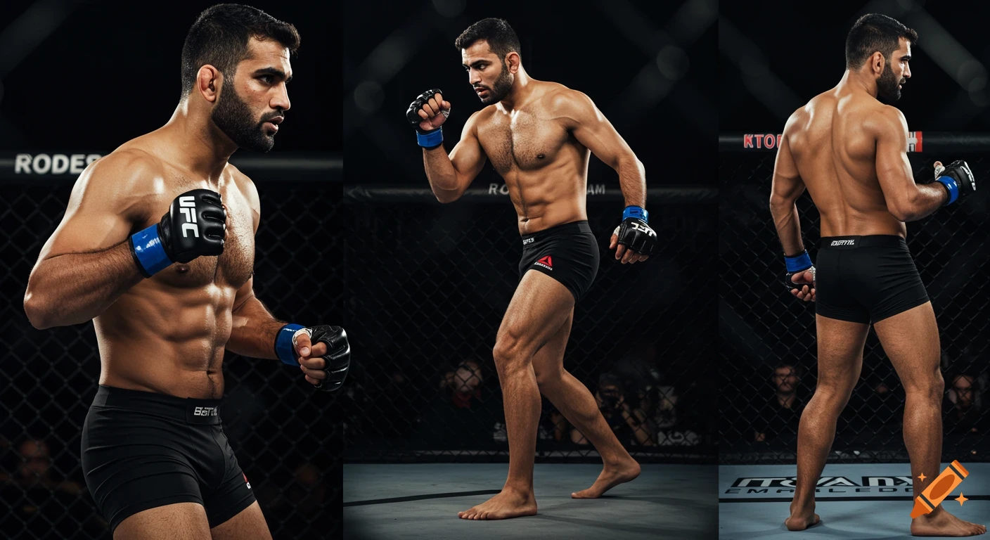 Three photorealistic full-body shots of a muscular MMA fighter posing in an octagon.