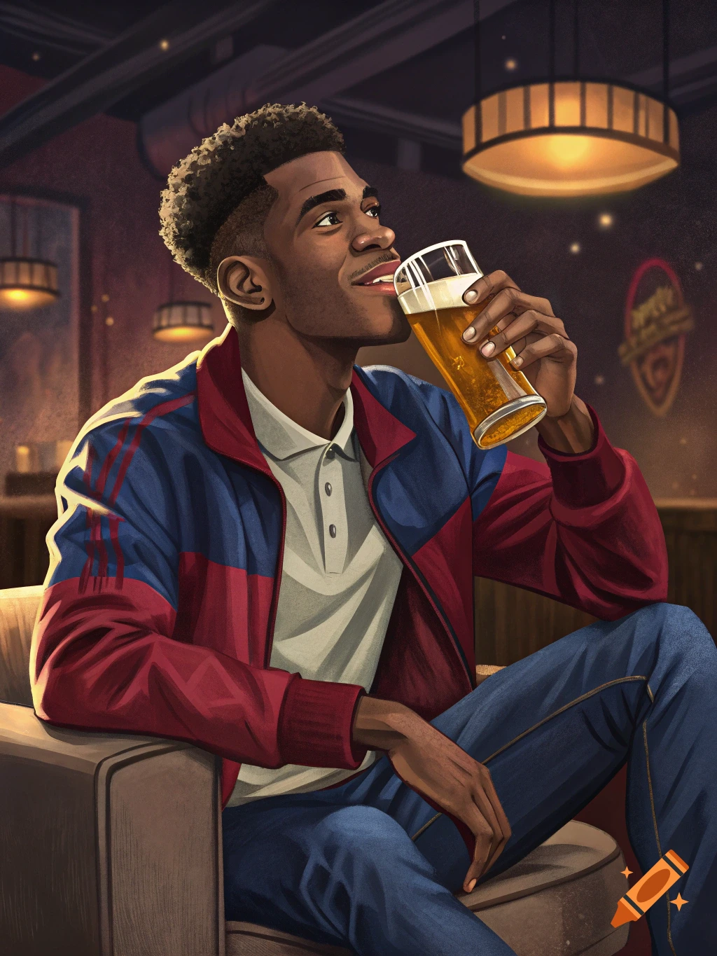 Illustration of a man drinking a beer in a bar.