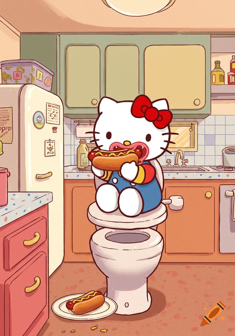 Cartoon of Hello Kitty eating a hot dog while sitting on a toilet in a kitchen.