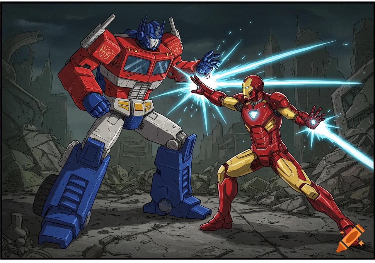 Optimus Prime fights Iron Man in a ruined city, comic art style.