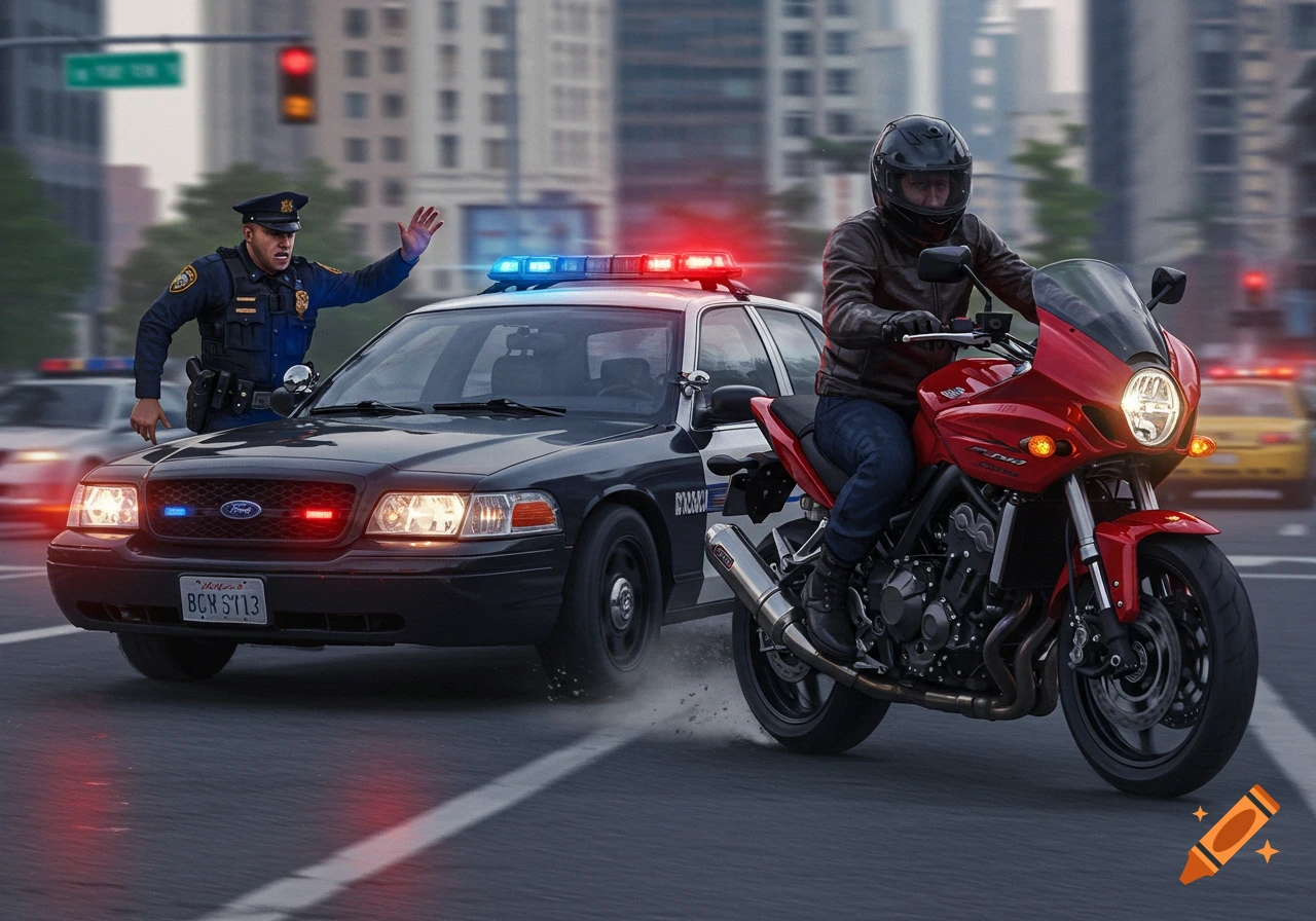 A police car with flashing lights pursues a red motorbike through a city street.