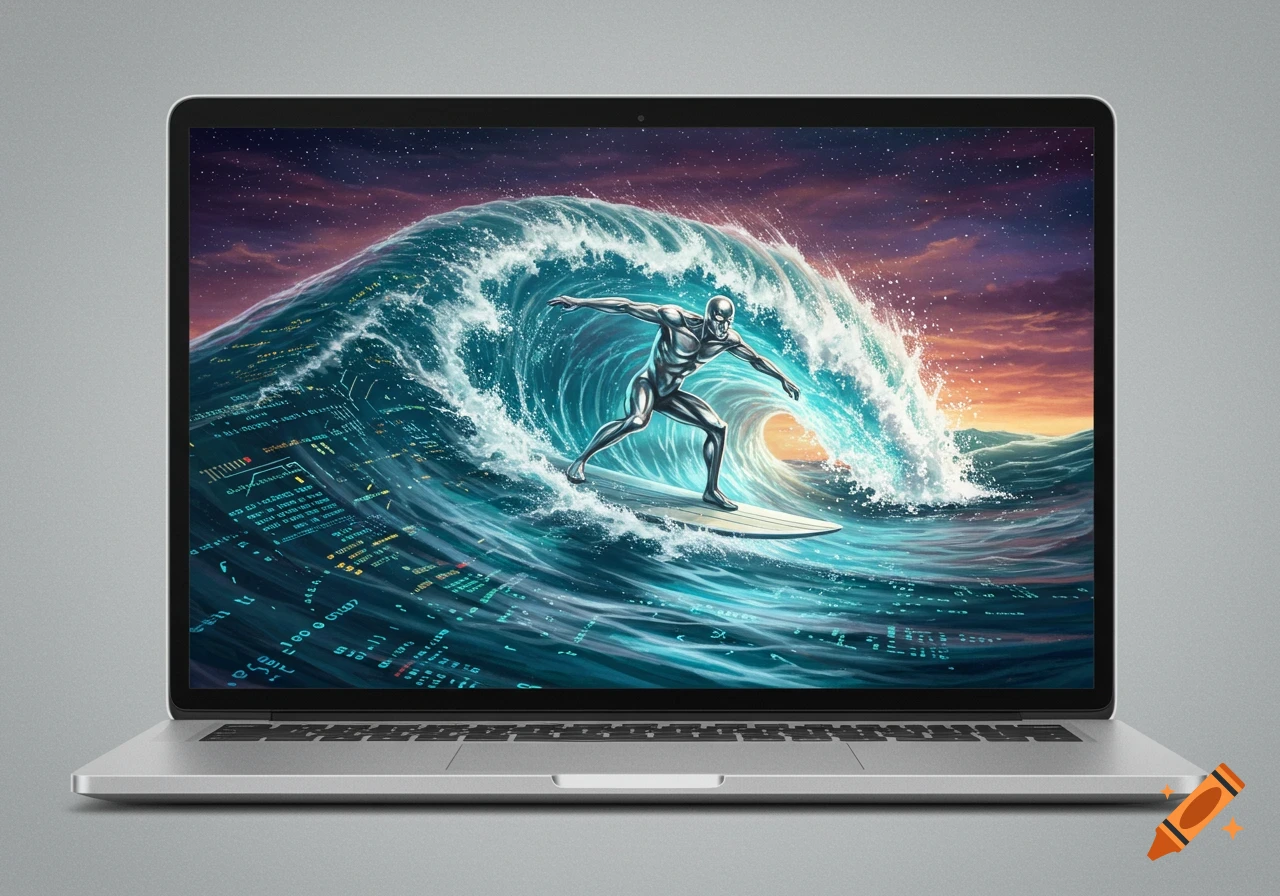 Silver Surfer surfing a digital wave on a laptop screen