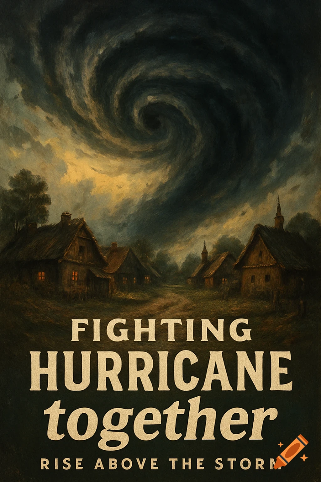 Painting of a village under a dark, swirling hurricane cloud with text below.